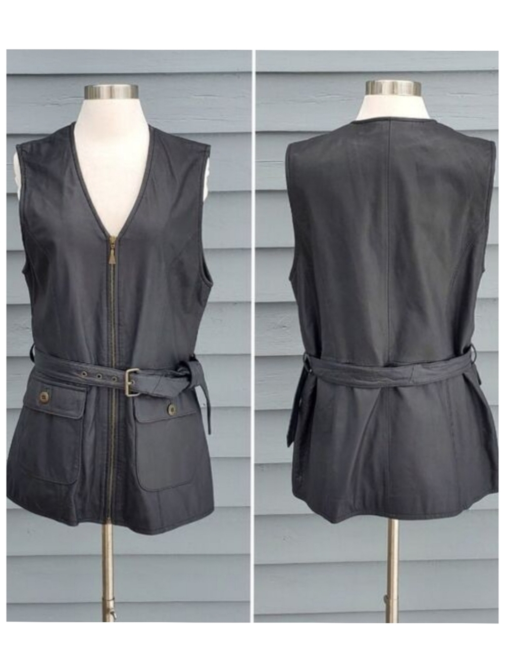 Vintage 90s y2k Black Leather Moto Biker Longline Zip Front Belted Vest‎ Medium